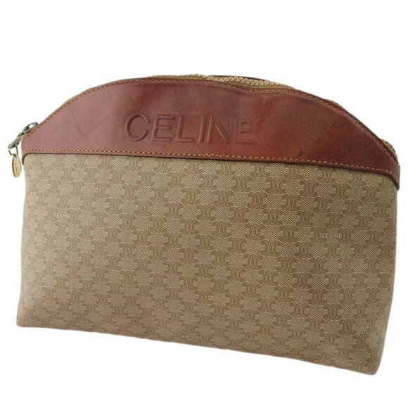 CELINE Clutch Bag Macadam Beige PVC ?~ Leather Authentic USED T19330